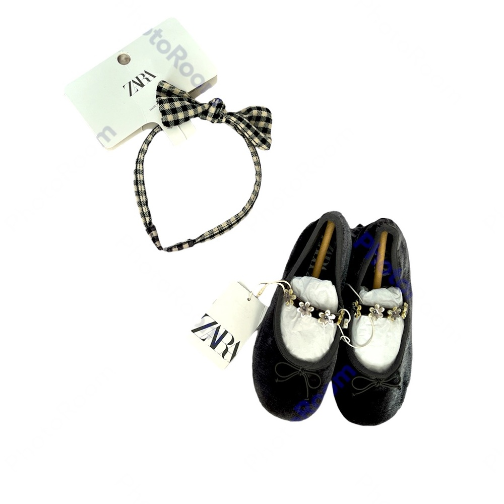 Zara Girks sx 10.5 Grey Suede Maryjanes w/ plaid bow headband NWT